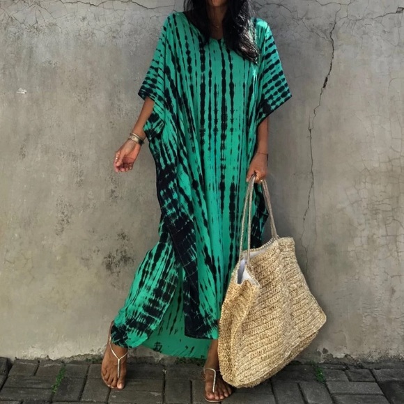 Other - Emerald Green Bohemian Tie Dye Kaftan Kimono Dress